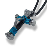 5 Nail Black & Peacock Blue Horseshoe Nail Cross Necklace