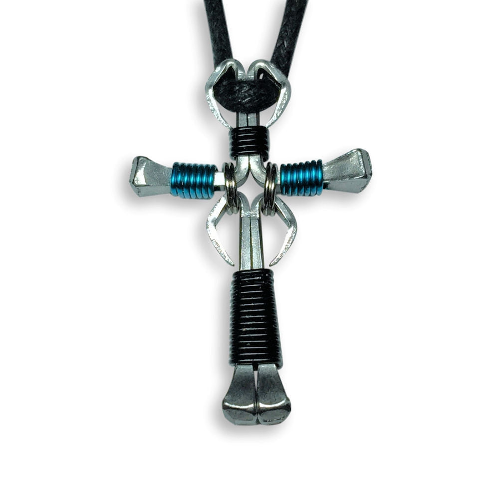 Dangle Black & Peacock Blue Horseshoe Nail Cross Necklace