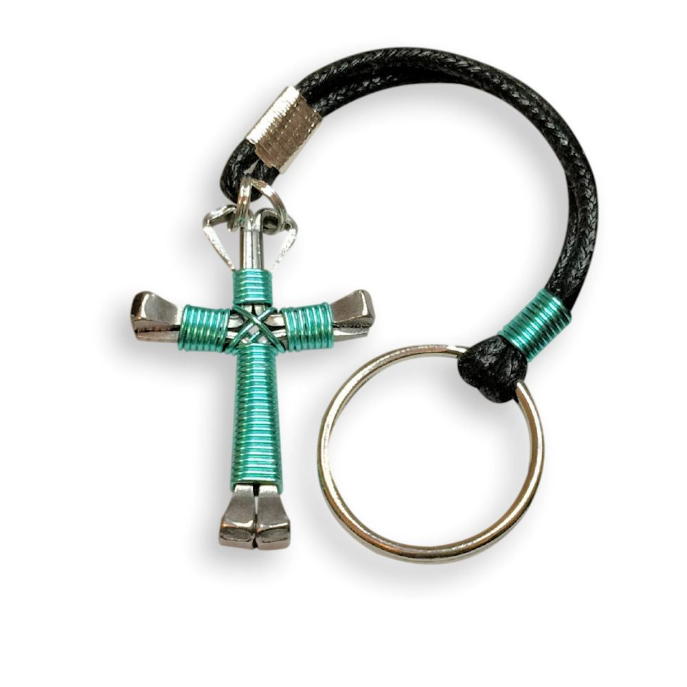 Seafoam Green Horseshoe Nail Cross Key Chain