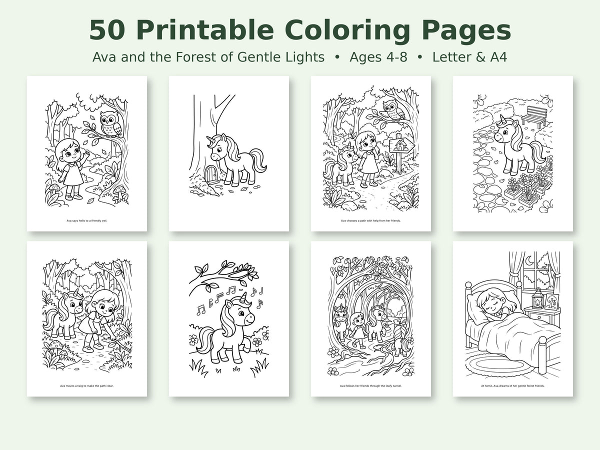 Ava and the Forest of Gentle Lights Coloring Book - Printable Unicorn & Woodland Coloring Pages for Kids (Instant Download)