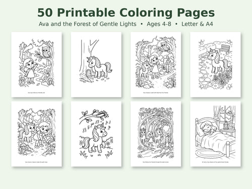 Ava and the Forest of Gentle Lights Coloring Book - Printable Unicorn & Woodland Coloring Pages for Kids (Instant Download)