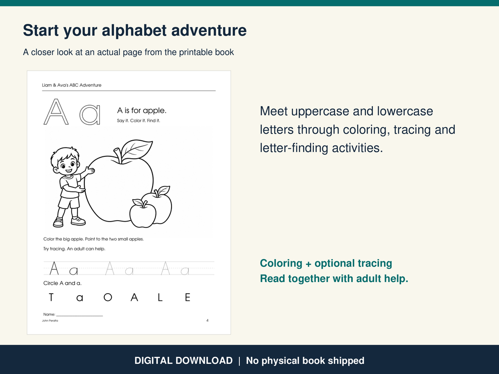 Liam and Ava's ABC Adventure Coloring Book - Printable Alphabet Tracing Pages for Ages 3-6 (Instant Download)