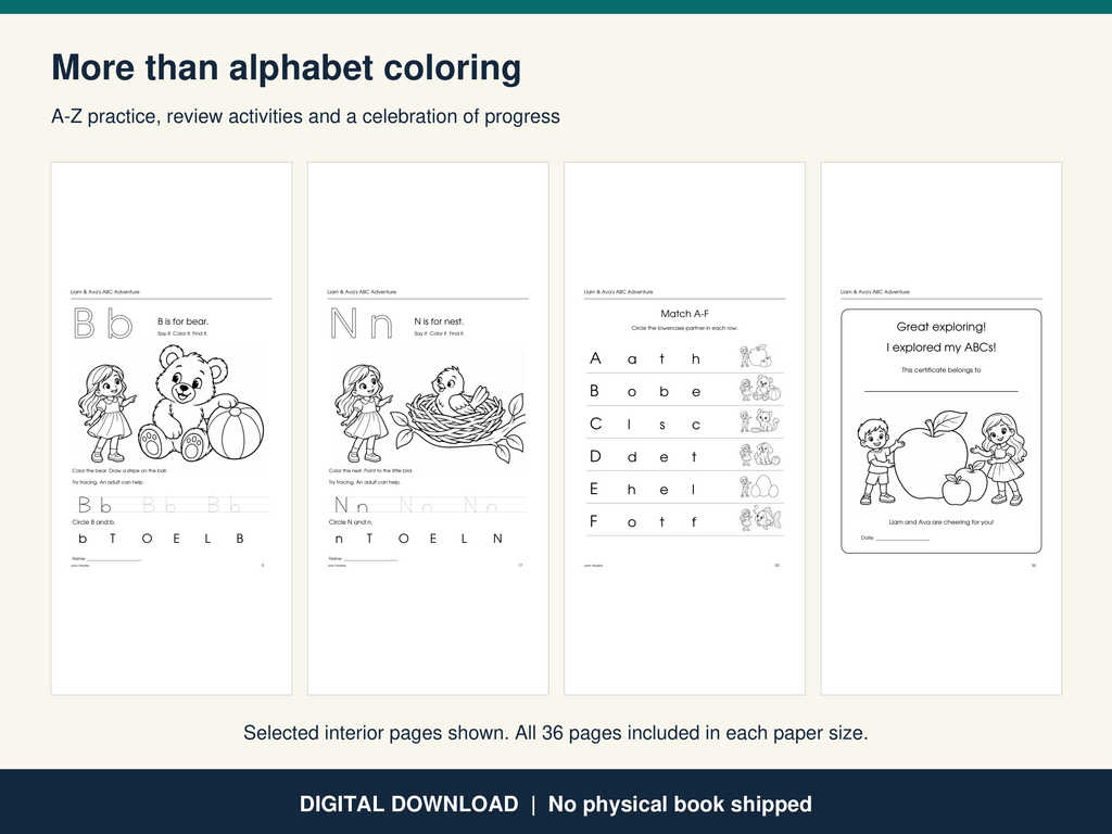 Liam and Ava's ABC Adventure Coloring Book - Printable Alphabet Tracing Pages for Ages 3-6 (Instant Download)