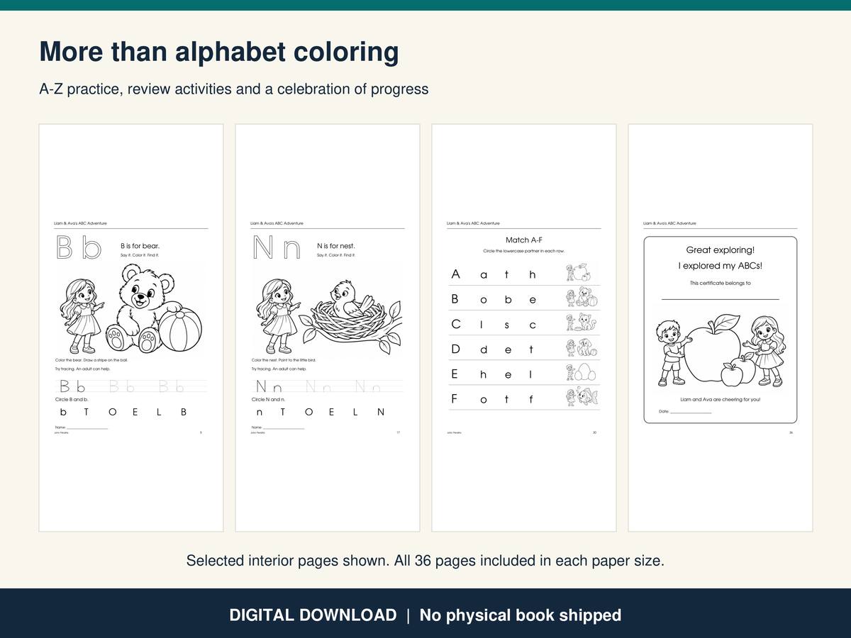 Liam and Ava's ABC Adventure Coloring Book - Printable Alphabet Tracing Pages for Ages 3-6 (Instant Download)