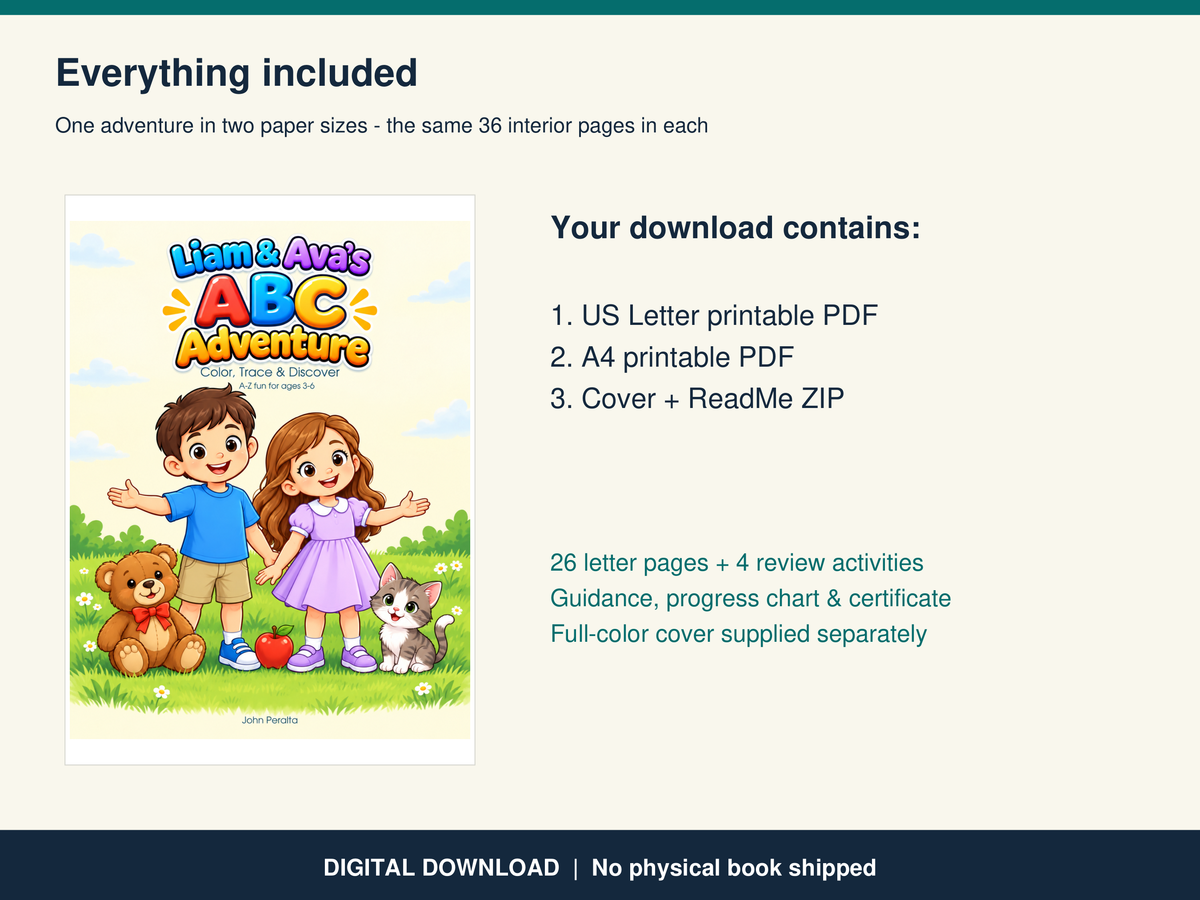 Liam and Ava's ABC Adventure Coloring Book - Printable Alphabet Tracing Pages for Ages 3-6 (Instant Download)