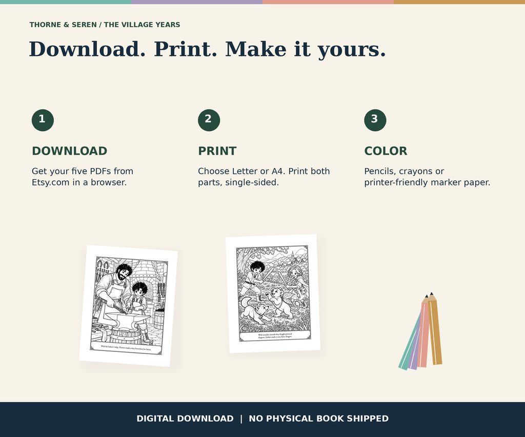 Thorne and Seren: The Village Years — Printable Fantasy Coloring Book