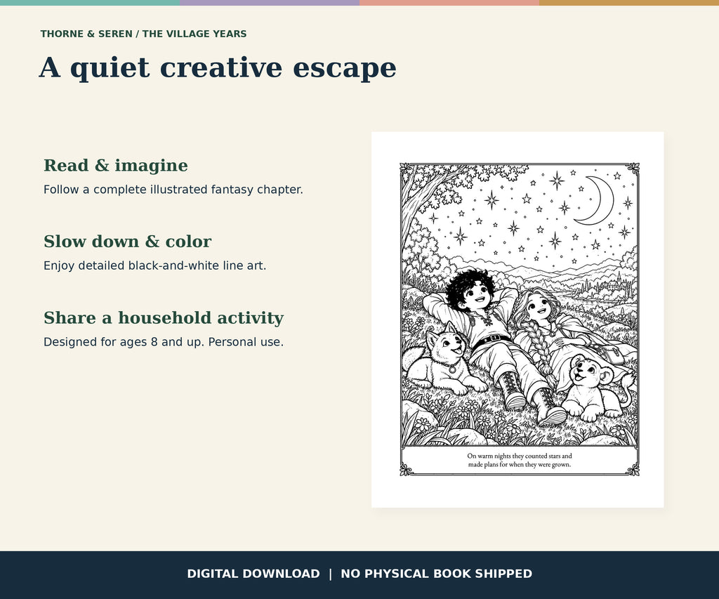 Thorne and Seren: The Village Years — Printable Fantasy Coloring Book
