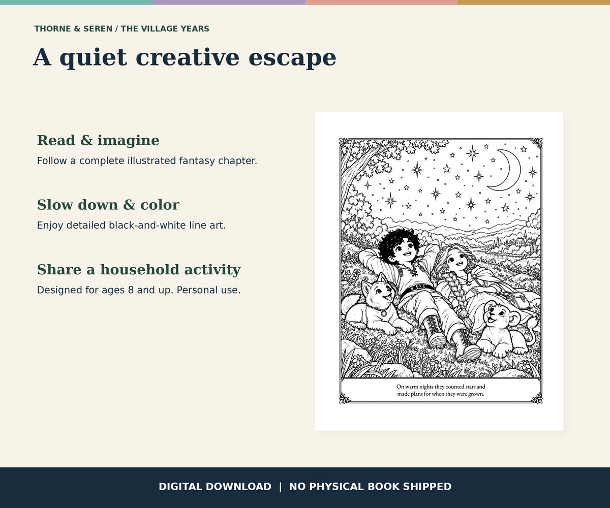Thorne and Seren: The Village Years — Printable Fantasy Coloring Book