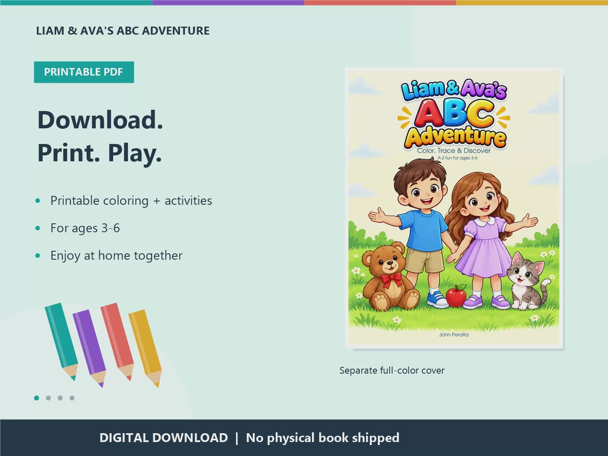 Liam and Ava's ABC Adventure Coloring Book - Printable Alphabet Tracing Pages for Ages 3-6 (Instant Download)