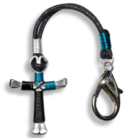 2-Tone Black & Peacock Blue Horseshoe Nail Cross Zipper Pull