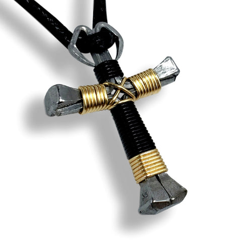 Sport Black & Gold Horseshoe Nail Cross Necklace
