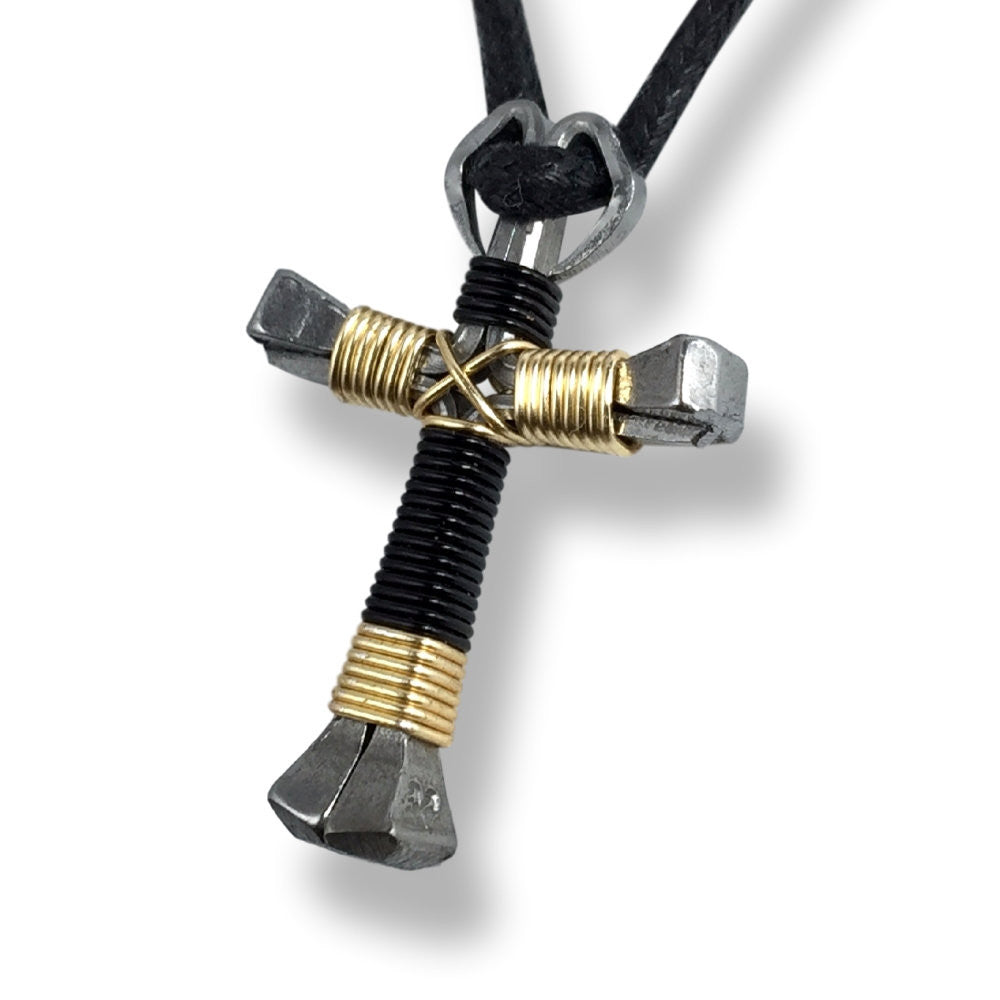 Sport Black & Gold Horseshoe Nail Cross Necklace