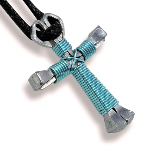 Baby Blue Horseshoe Nail Cross Necklace