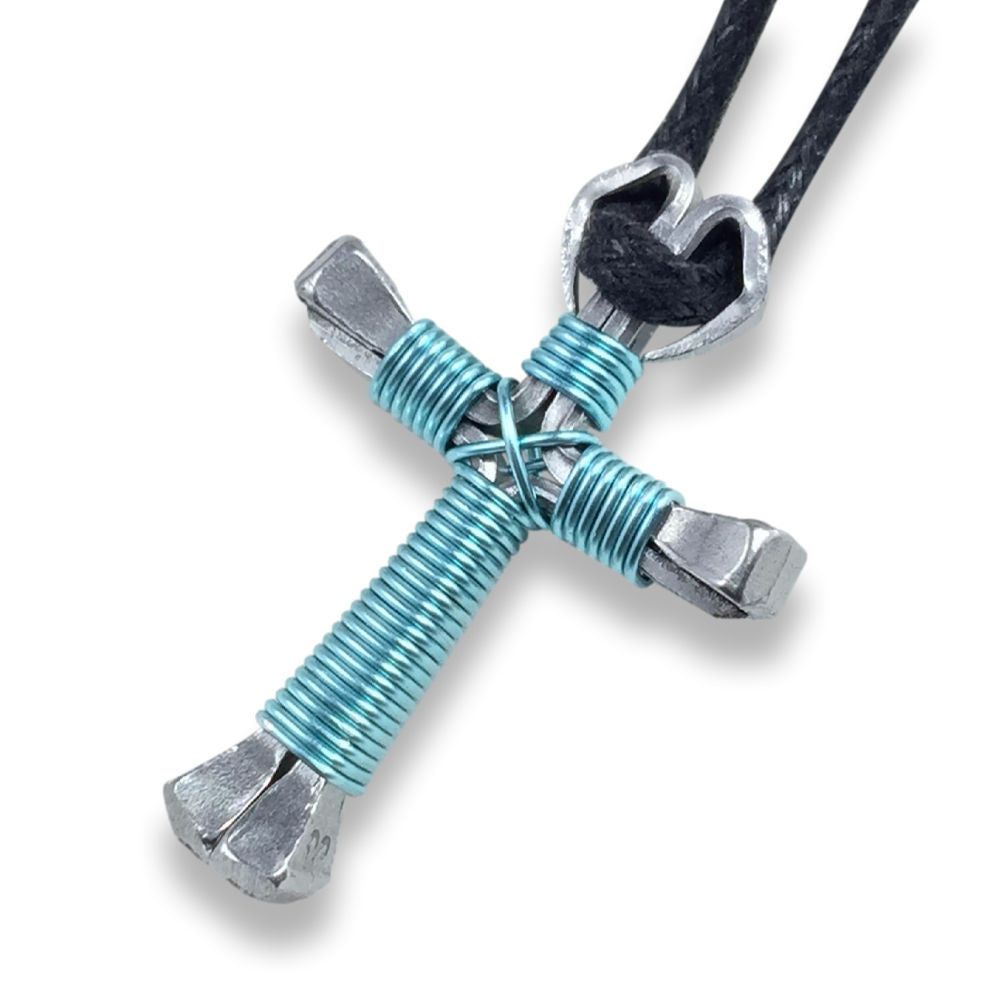 Baby Blue Horseshoe Nail Cross Necklace