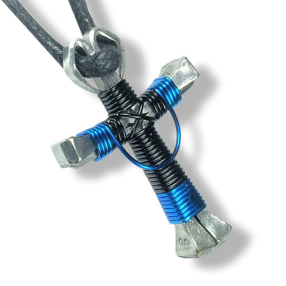 Swag Black & Blue Horseshoe Nail Cross Necklace