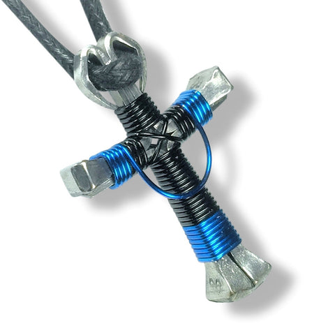 Swag Black & Blue Horseshoe Nail Cross Necklace