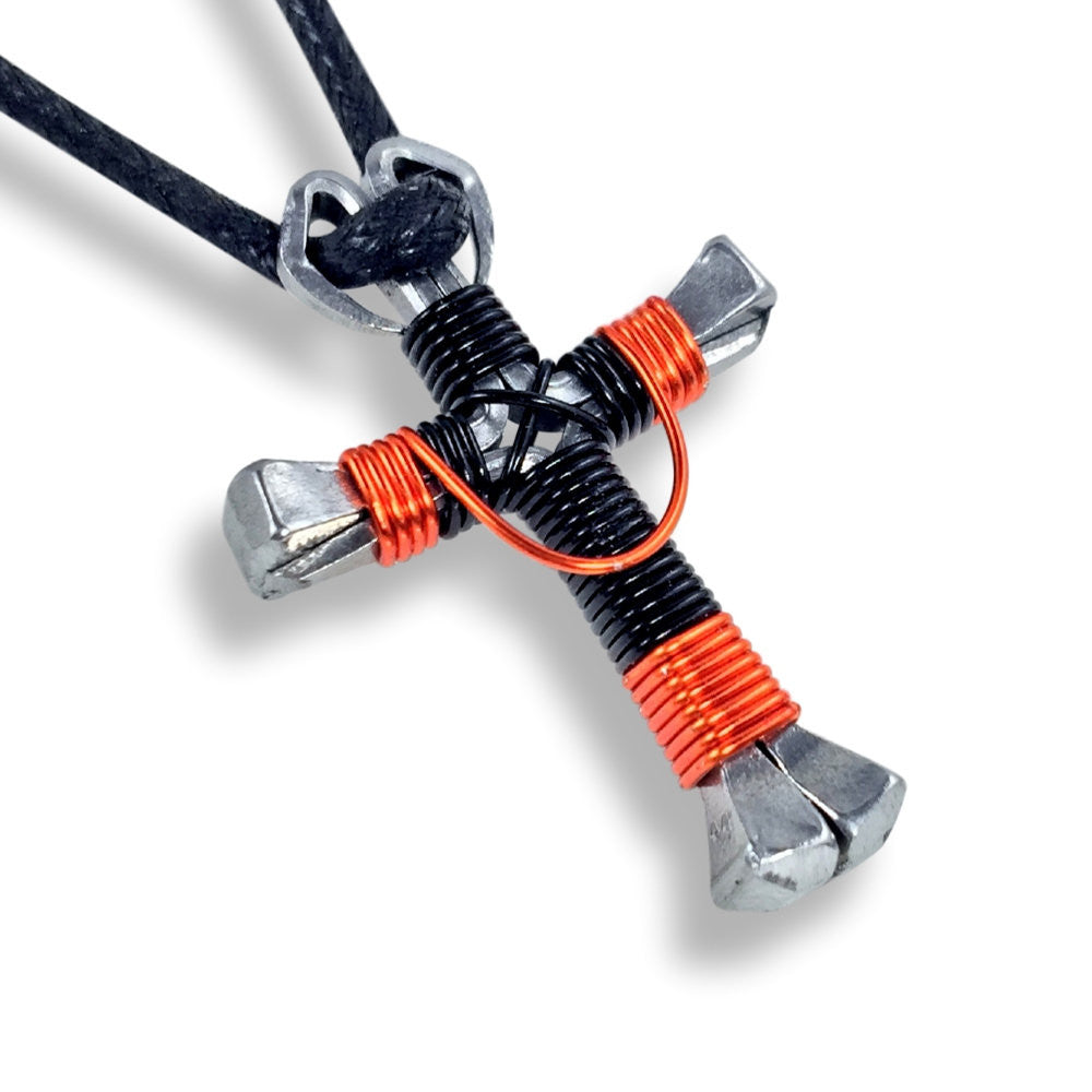 Swag Black & Orange Horseshoe Nail Cross Necklace