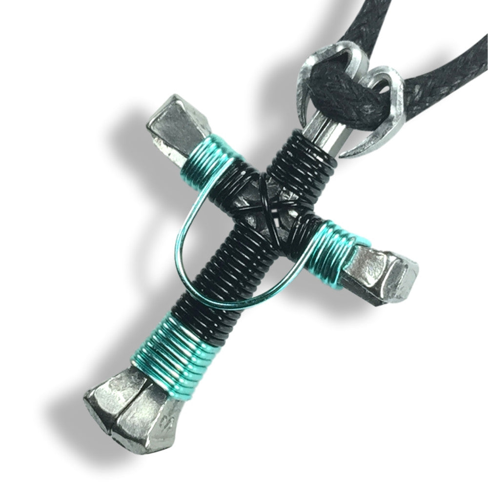 Swag Black & Seafoam Green Horseshoe Nail Cross Necklace