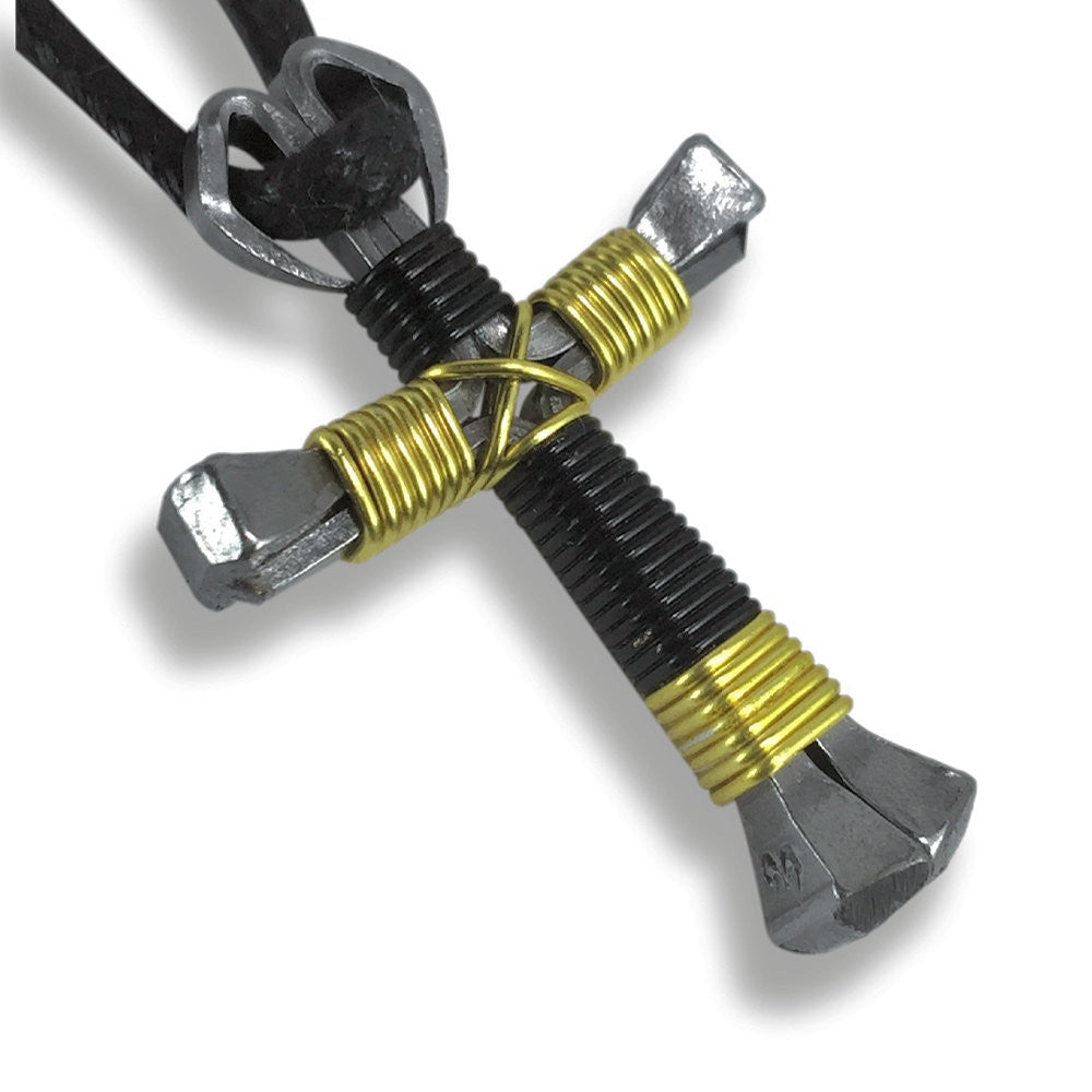 Sport Black & Yellow Horseshoe Nail Cross Necklace