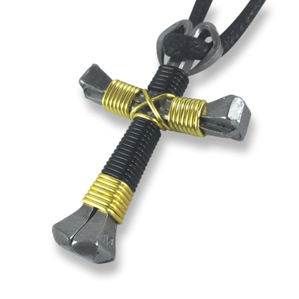 Sport Black & Yellow Horseshoe Nail Cross Necklace