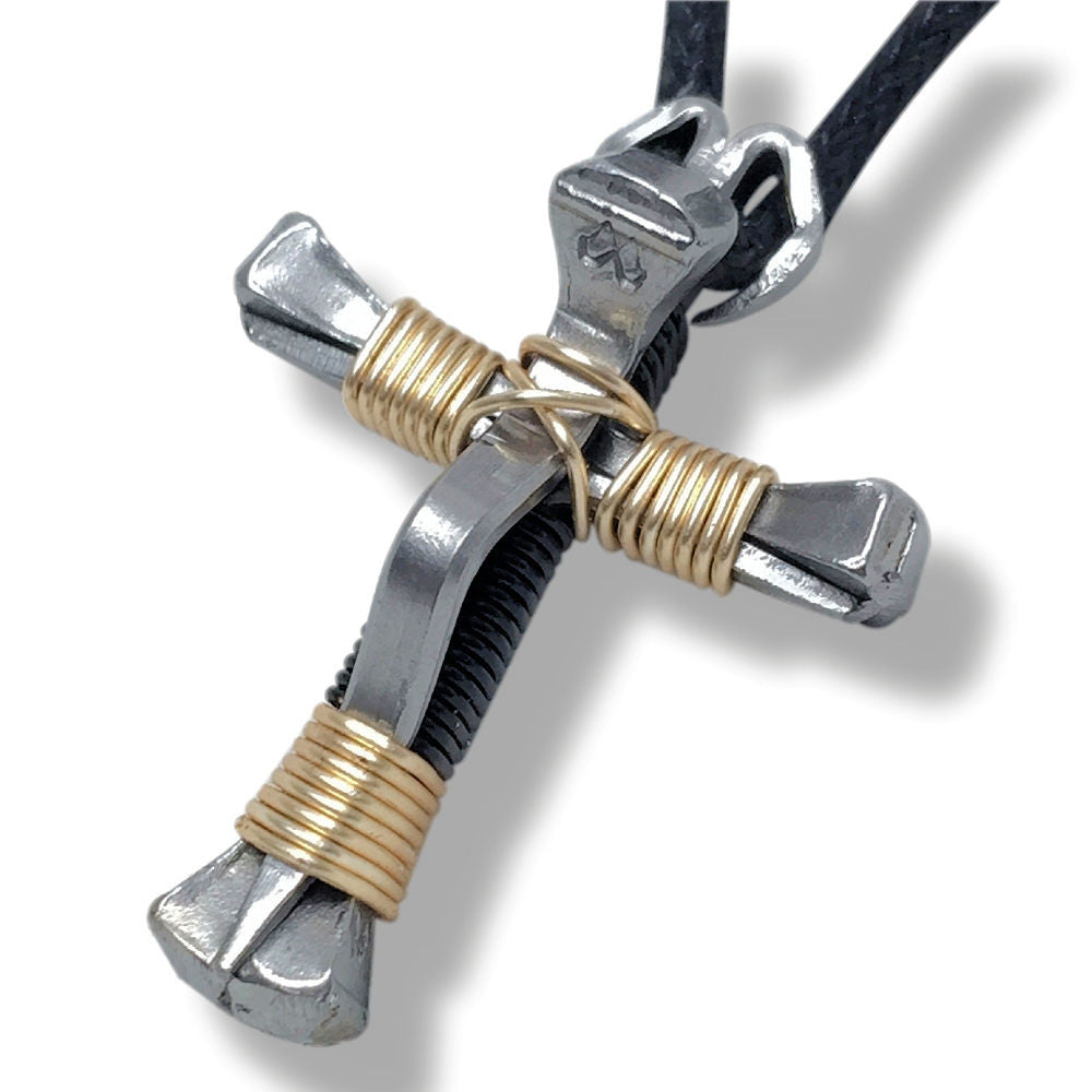 5 Nail Black & Gold Horseshoe Nail Cross Necklace