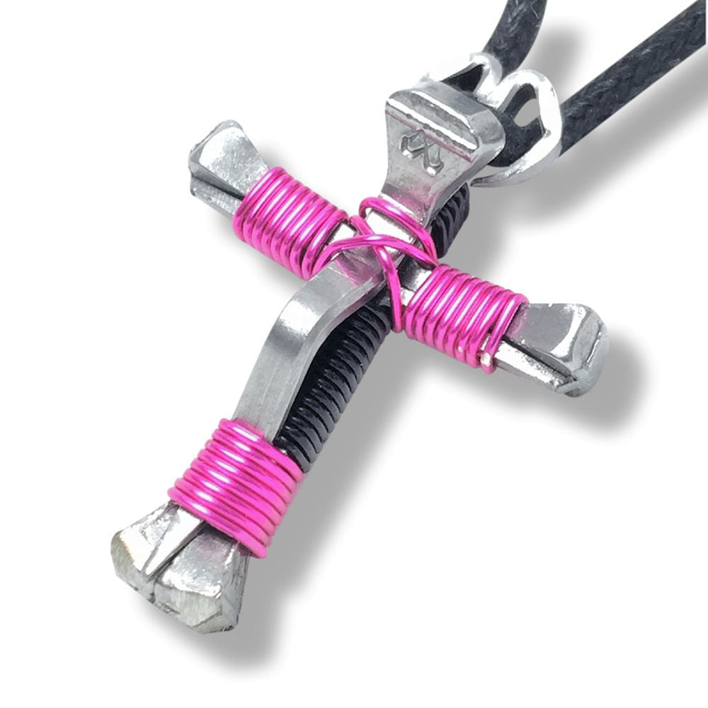 5 Nail Black & Hot Pink Horseshoe Nail Cross Necklace