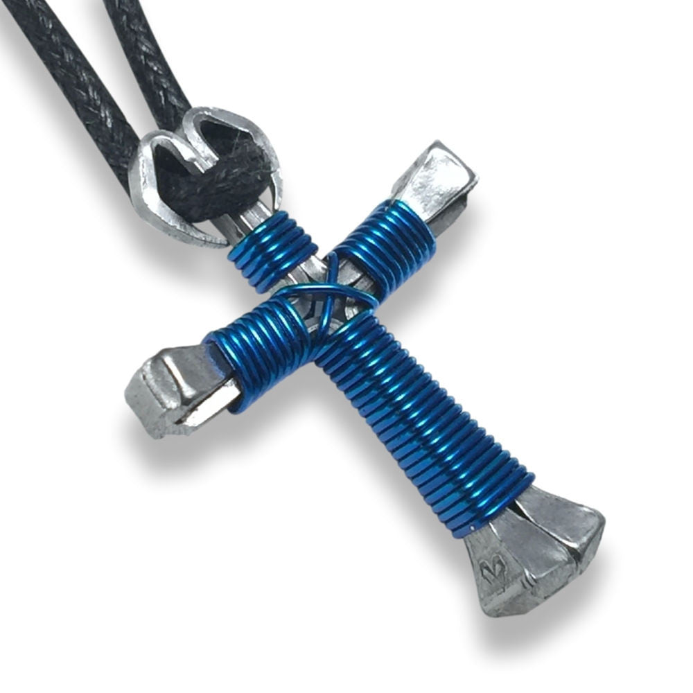 Blue Horseshoe Nail Cross Necklace