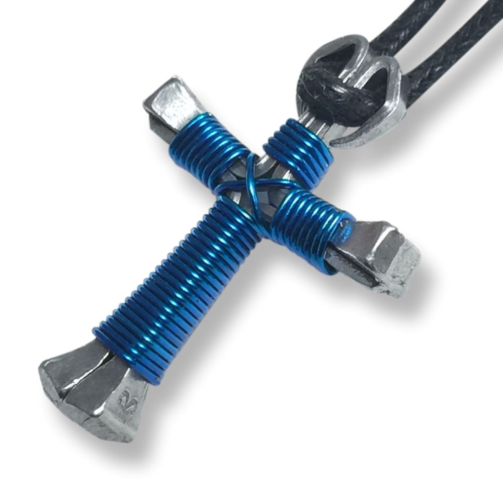Blue Horseshoe Nail Cross Necklace