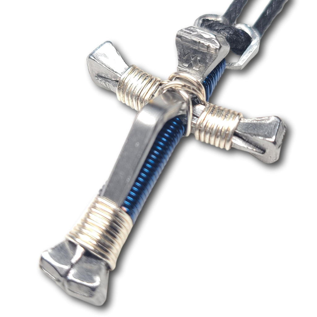 5 Nail Dark Blue and Silver Horseshoe Nail Cross