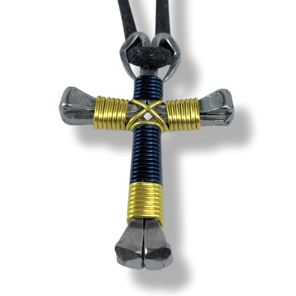 Sport Dark Blue & Yellow Horseshoe Nail Cross Necklace