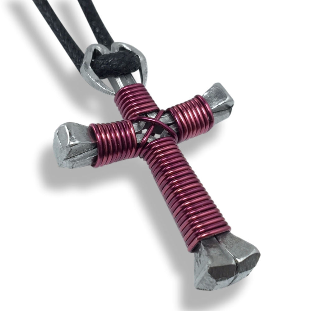 Burgundy Horseshoe Nail Cross Necklace