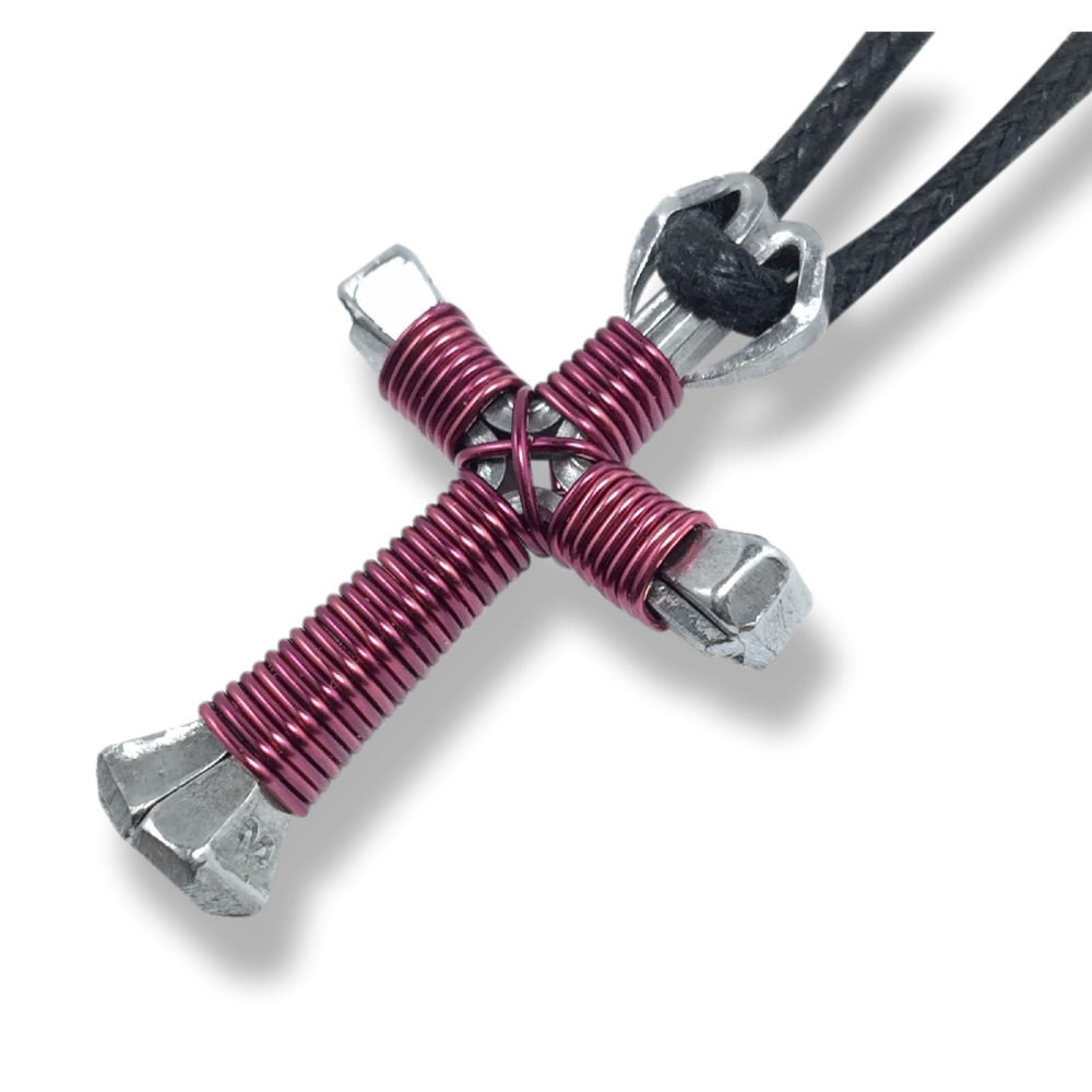 Burgundy Horseshoe Nail Cross Necklace