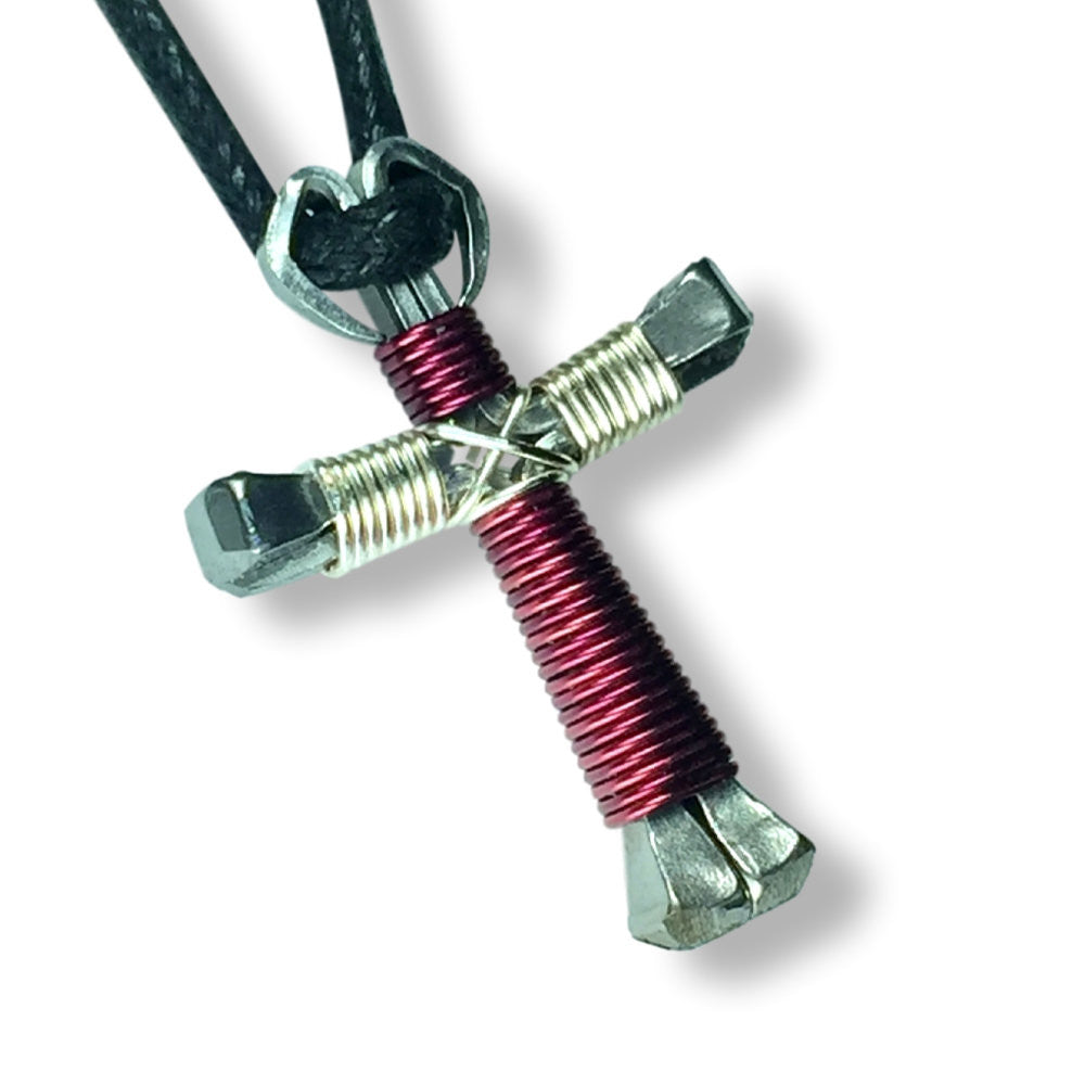 Burgundy & Silver Horseshoe Nail Cross Necklace