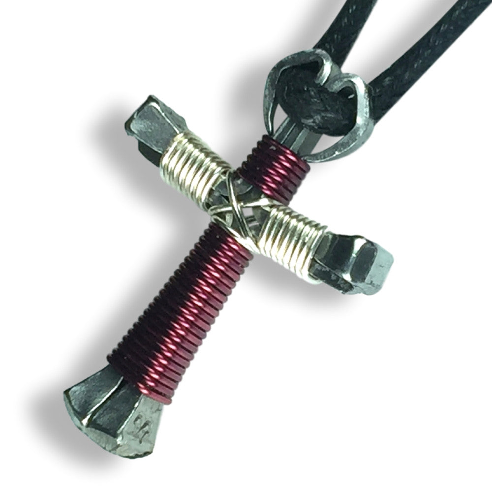 Burgundy & Silver Horseshoe Nail Cross Necklace