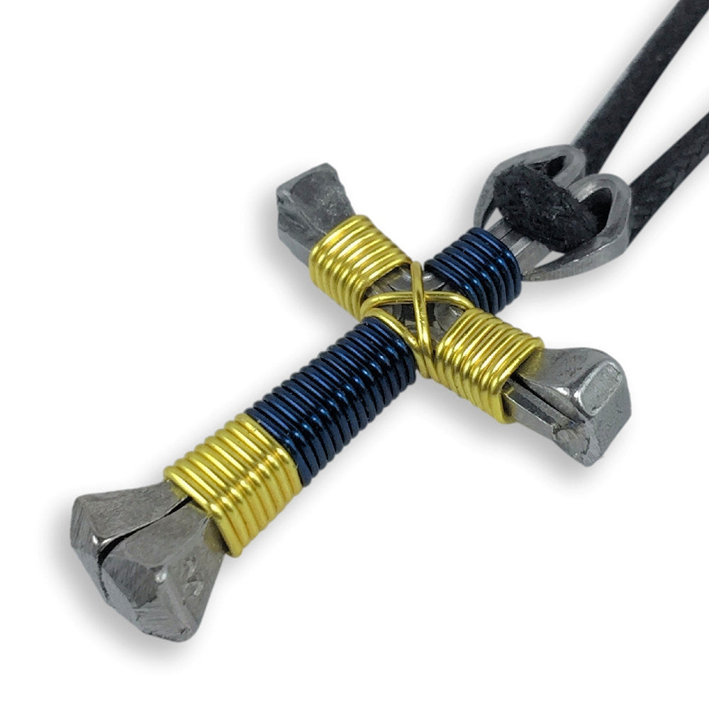 Sport Dark Blue & Yellow Horseshoe Nail Cross Necklace