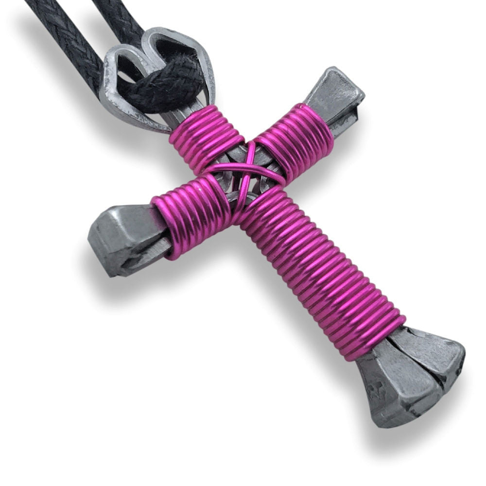 Hot Pink Horseshoe Nail Cross Necklace