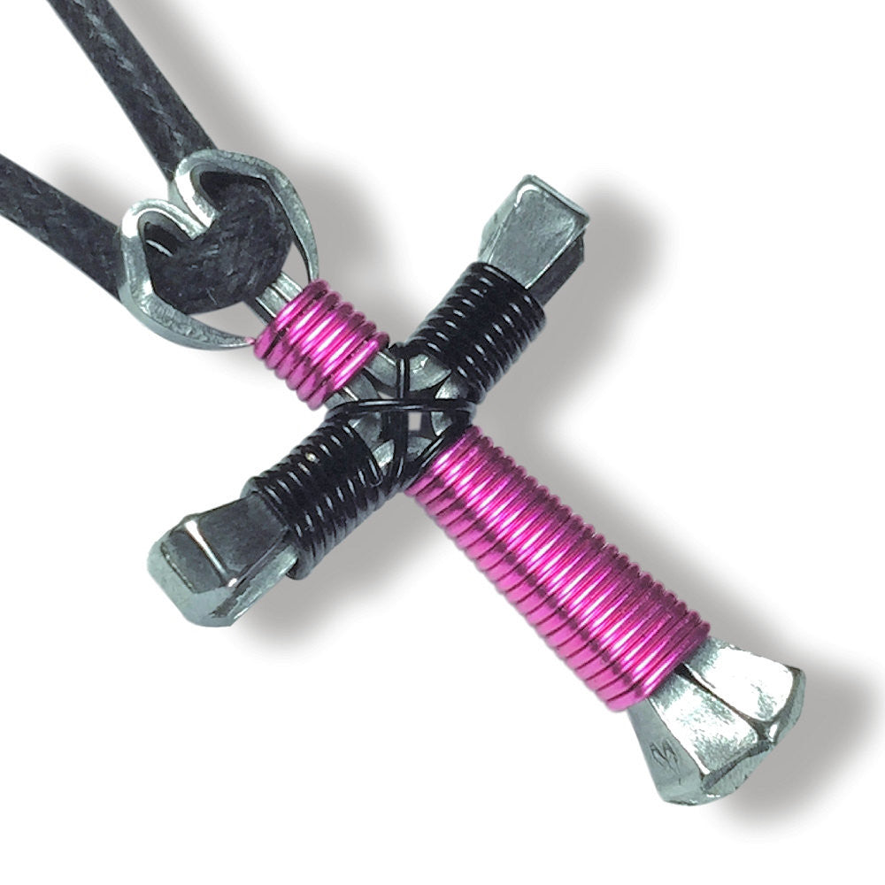 Hot Pink & Black Horseshoe Nail Cross Necklace