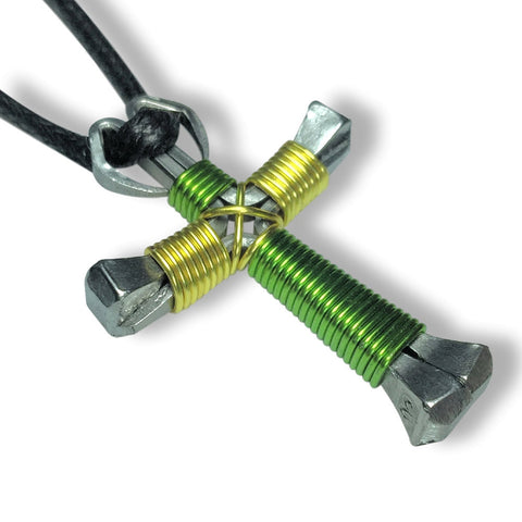 Lime & Yellow Green Horseshoe Nail Cross Necklace