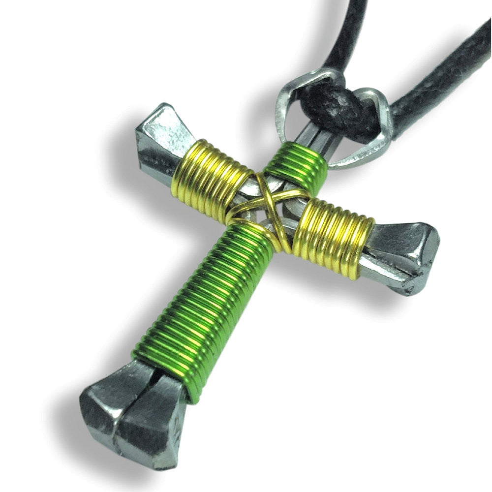 Lime & Yellow Green Horseshoe Nail Cross Necklace