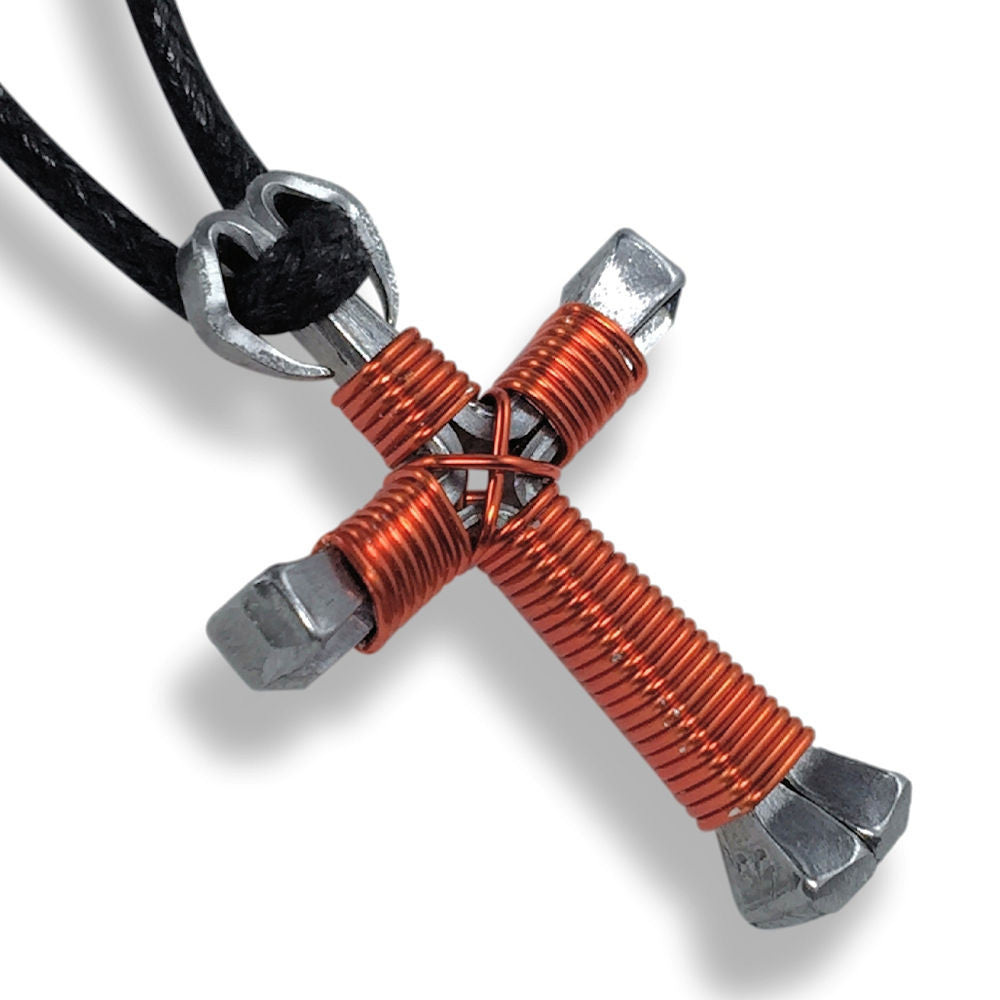 Orange Horseshoe Nail Cross Necklace