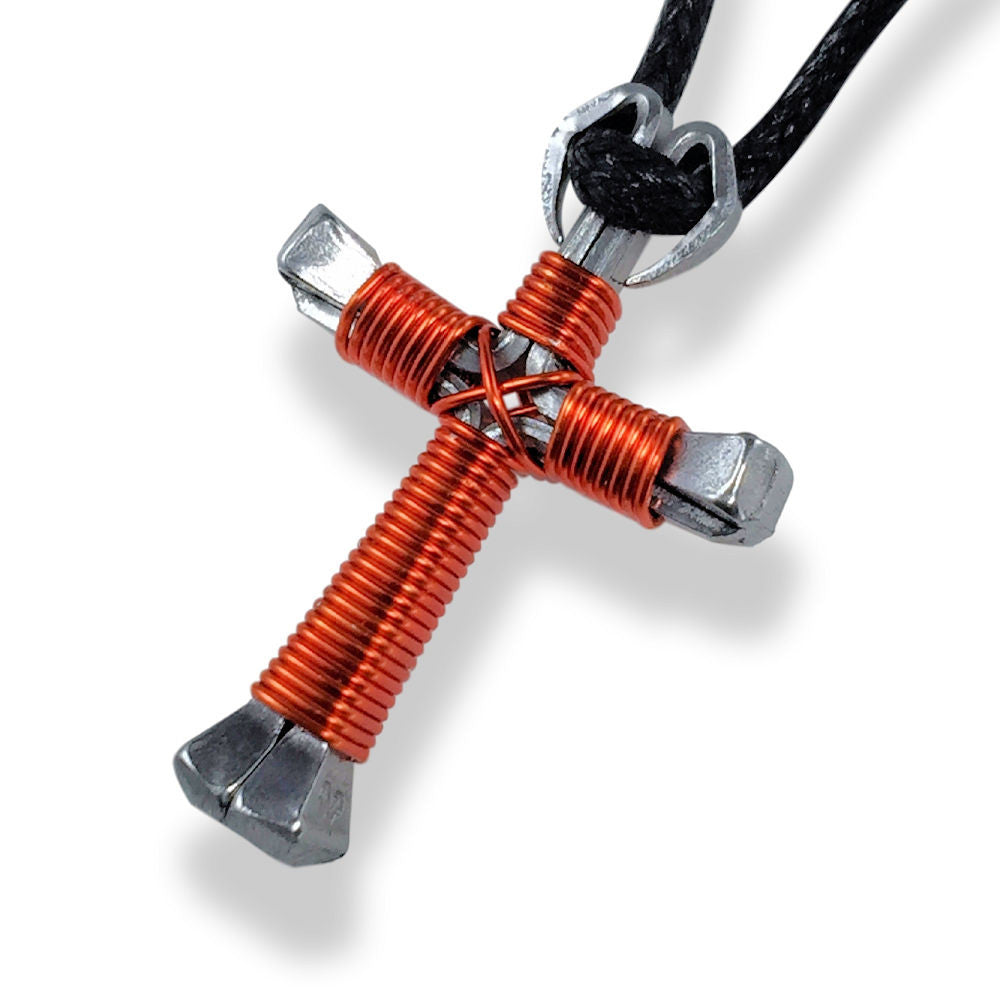 Orange Horseshoe Nail Cross Necklace