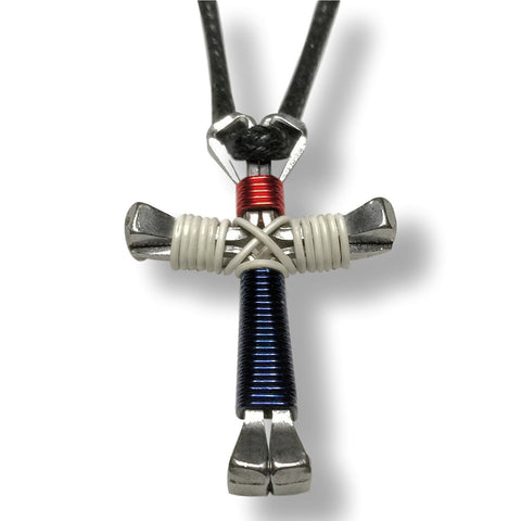 Patriotic Red/White/Blue Horseshoe Nail Cross Necklace
