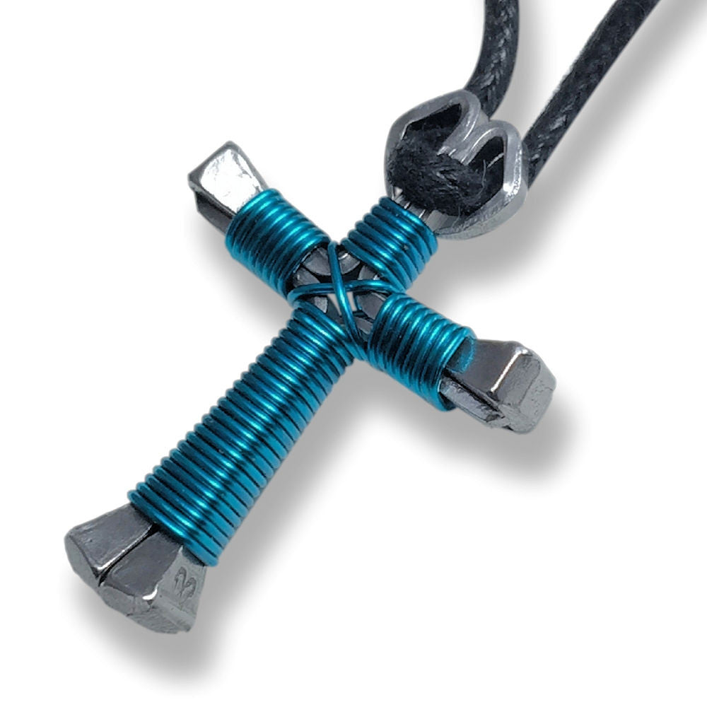 Peacock Blue Horseshoe Nail Cross Necklace
