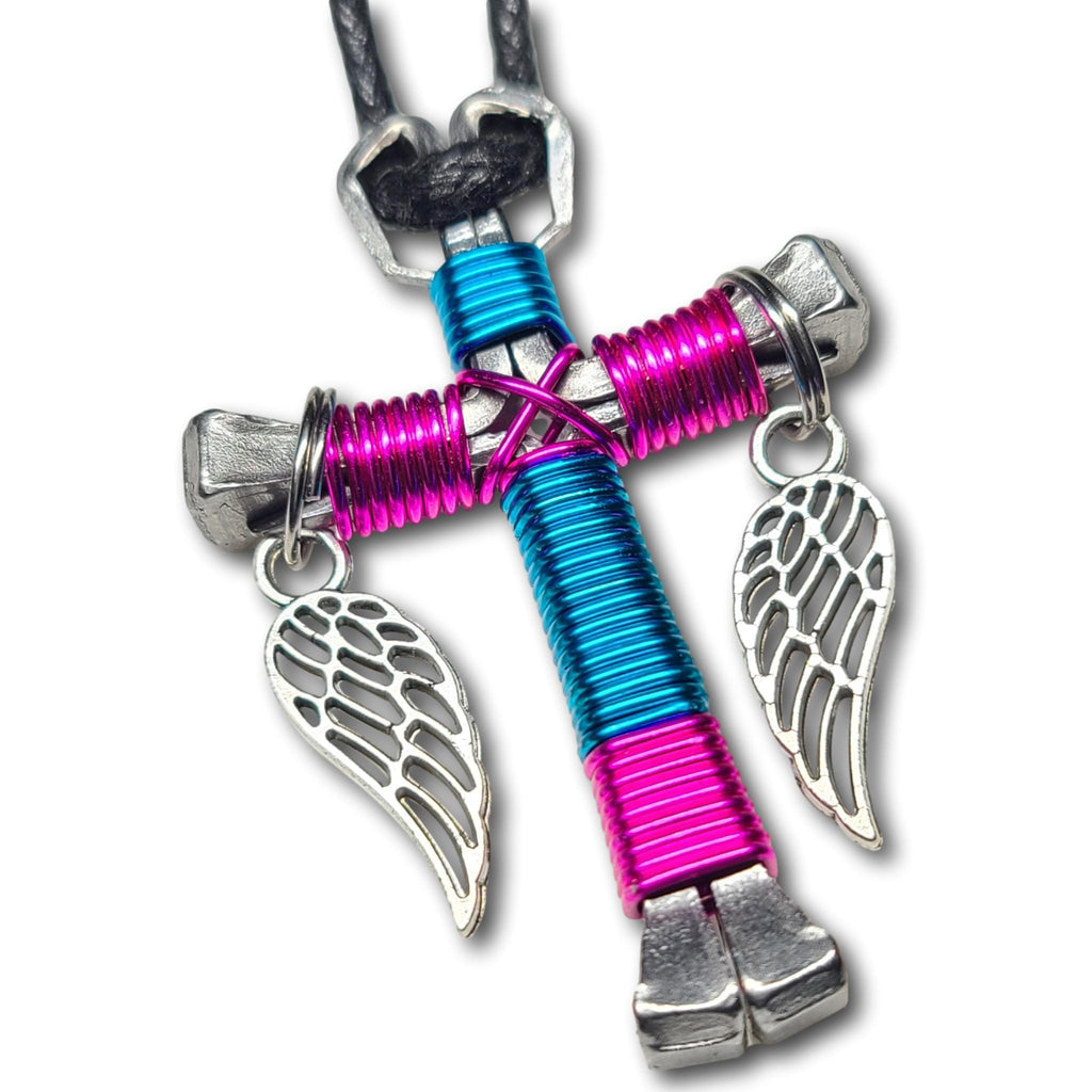 Sport Peacock Blue and Hot Pink Horseshoe Nail Cross