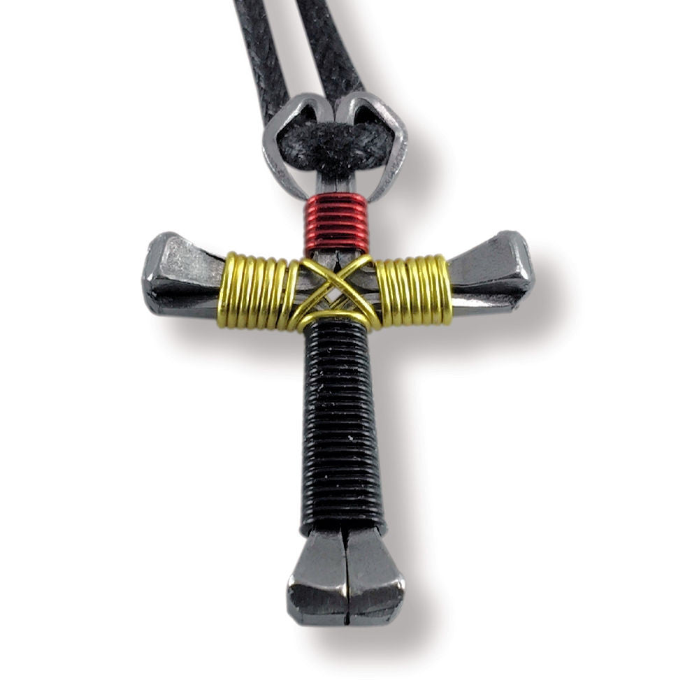 Red - Yellow - Black Horseshoe Nail Cross Necklace