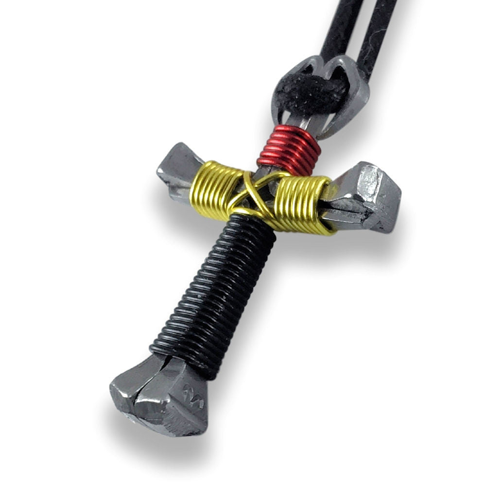 Red - Yellow - Black Horseshoe Nail Cross Necklace