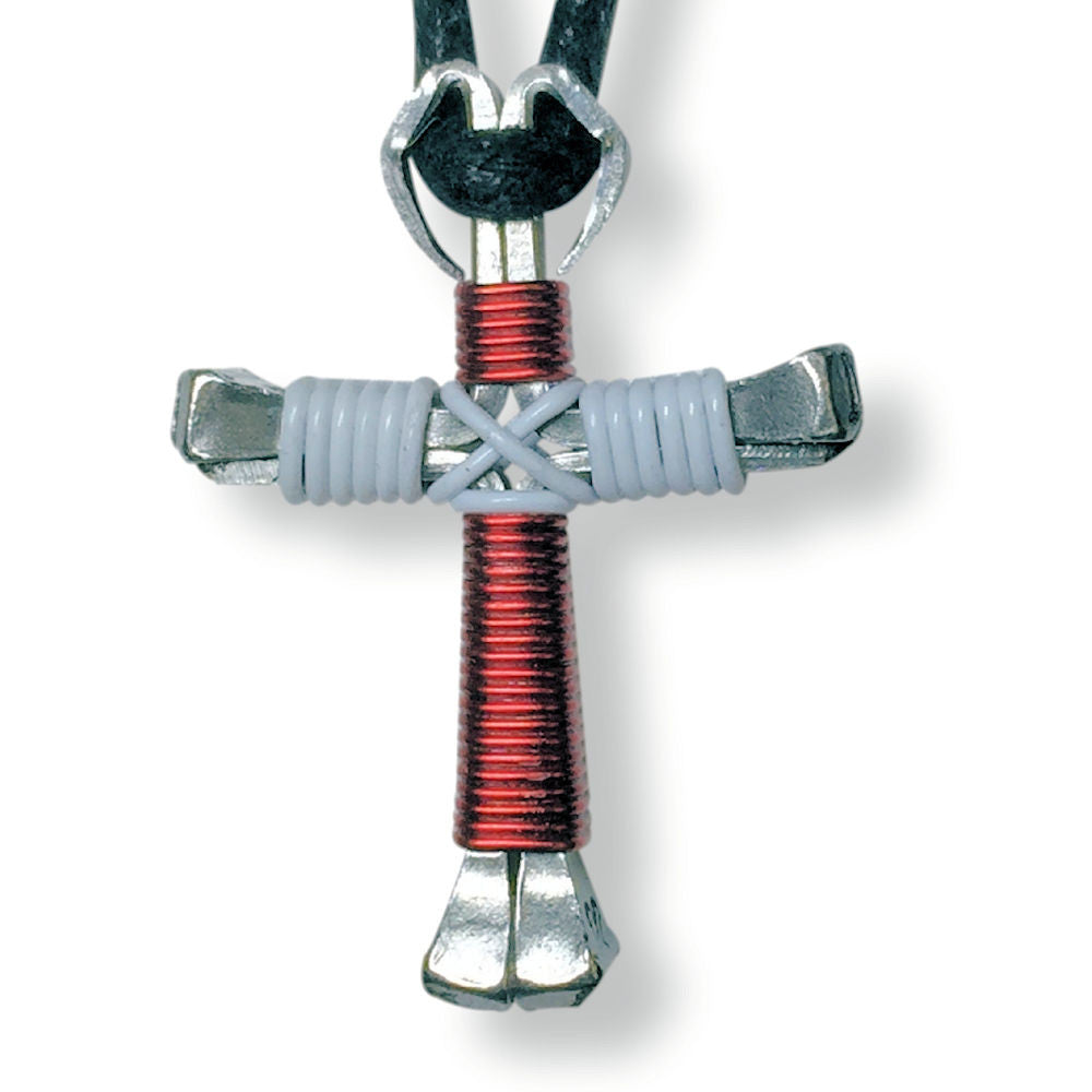 Red & White Horseshoe Nail Cross Necklace