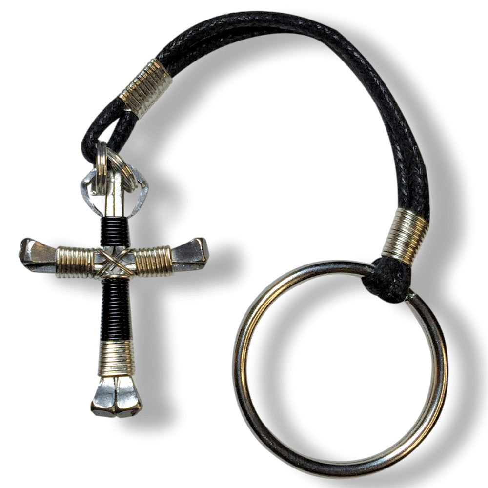 Sport Black & Silver Horseshoe Nail Cross Key Chain