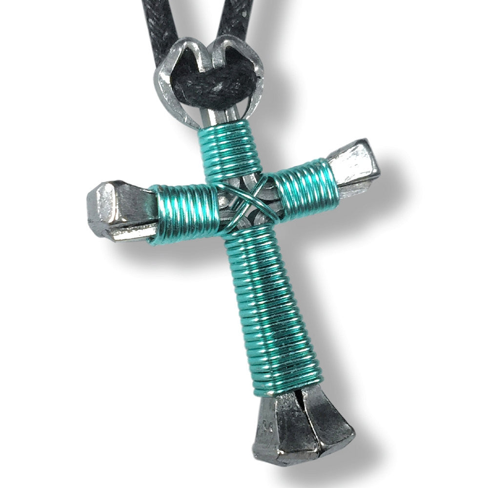 Seafoam Green Horseshoe Nail Cross Necklace