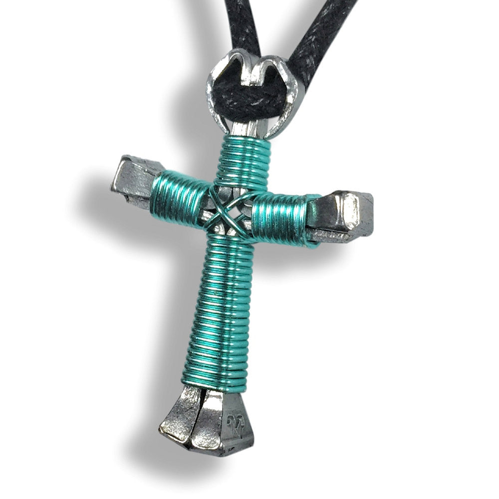 Seafoam Green Horseshoe Nail Cross Necklace